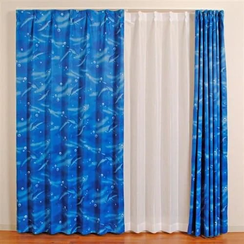 [100×200]カーテン ドルフィン ブルー2枚入 遮光性あり ウォッシャブル