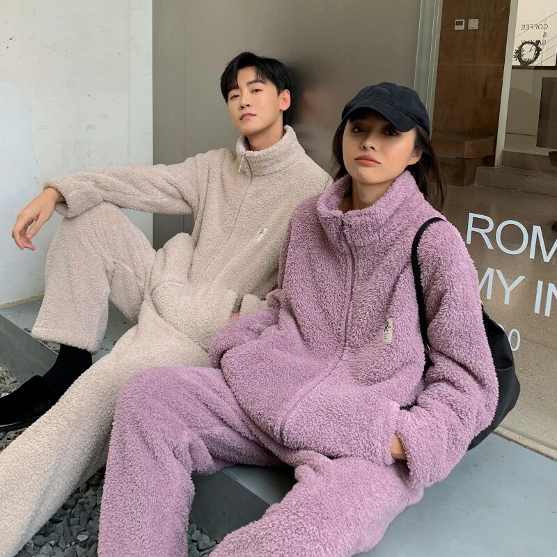 上下セット ルームウェア 男女兼用 部屋着 もこもこ パジャマ レディース 着る毛布 ジップアップ 厚手 ナイトウェア ペアルック ハイネック メンズ 冬 前開き 長袖 ゆったり 温活 ポケット付き