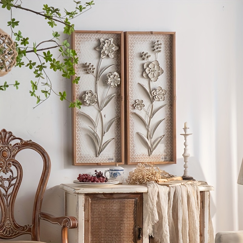 ウォールアート 壁掛け 2個セット北欧 ウォールインテリア 花 フラワーモチーフ 立体 アンティーク風 ヴィンテージ風 木製フレーム ホームデコ 壁面ディスプレイ おしゃれ シンプル ホワイト リビン