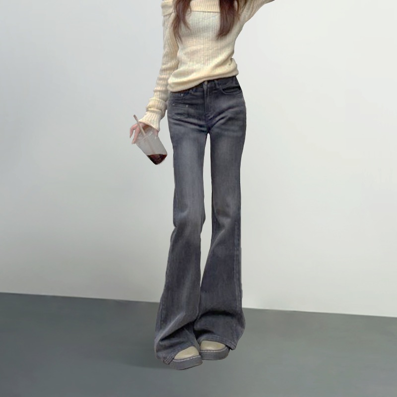 女性用アメリカンノスタルジックジーンズ2024春秋新作黒とグレー痩身ローウエストやや伸縮性フレア馬蹄パンツ 5,063円