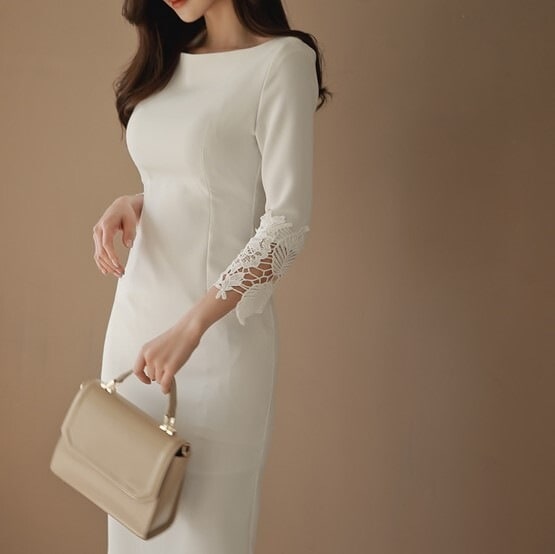 ワンピース レディース ドレス S M L 韓国 ひざ丈 美シルエット ボートネック ペンシルスカート 七分袖 袖レース スリム タイト ハイウエスト バックスリット バックファスナー ポリエステル