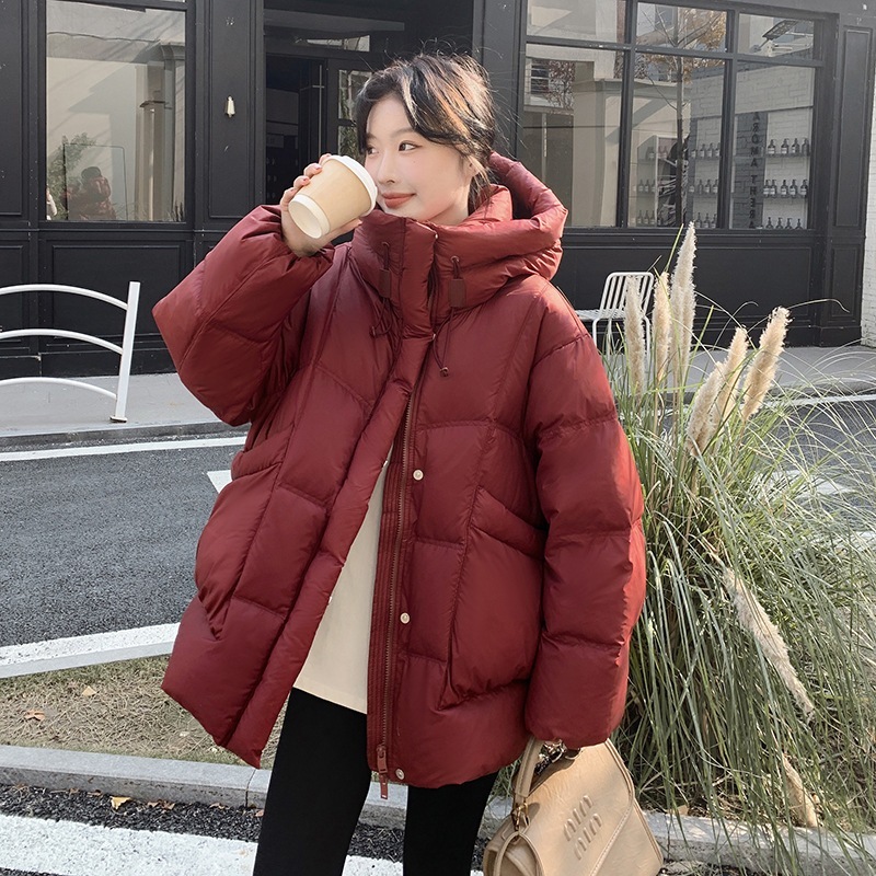 連帽の白いアヒル毛のダウンジャケット2024新型韓国系ゆったり厚手のパン生地