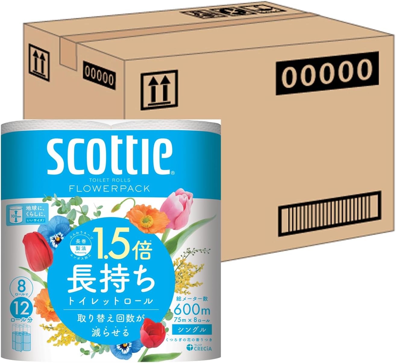 【限定販売】即納スコッティ ケース販売 フラワーパック 15倍長持ち(8ロールで12ロール分トイレット 75mシングル ×8パック入り 5,089円
