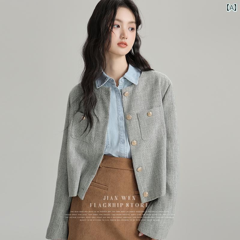 シューズ　スリッパ　カジュアル春秋 スタイル グレー ショート ブレザー レディース スタイリッシュ 通勤 ラウンドネック ストレート トップ