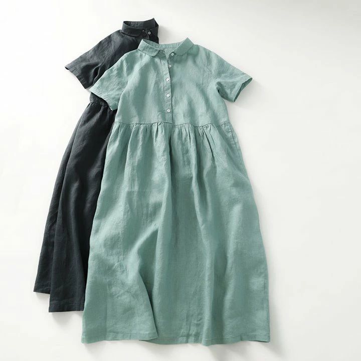 ワントーン 前ボタン シンプル ワンピース レディース ハーフボタン ナチュラル 薄手 リネンワンピース デート カジュアル ロング丈 半袖 Aライン フロントボタン 夏 麻 レトロ お出かけ ルーズ