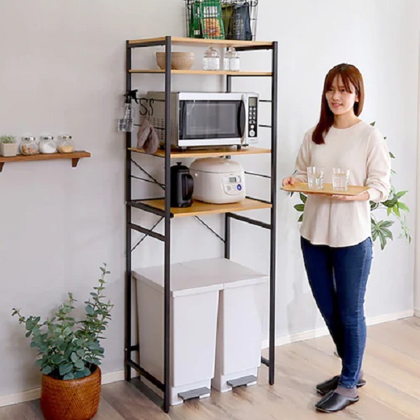 【スタイリッシュ】 スライドトレー付き ゴミ箱上 キッチンラック レンジラック 食器棚 レンジ台 キッチンボード ゴミ箱 収納 木目