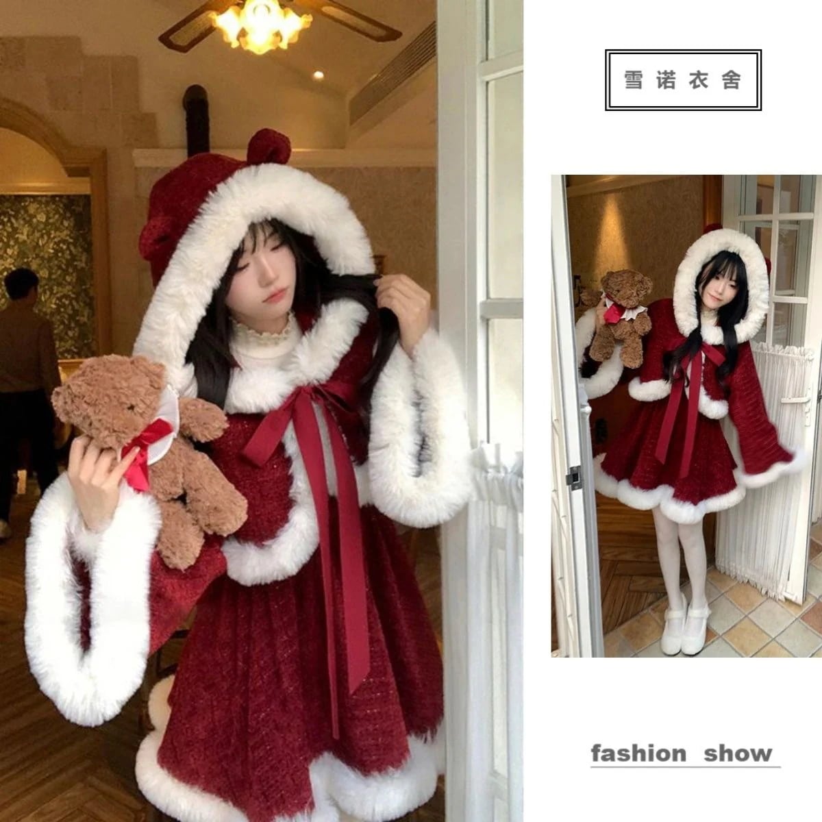 韓国 】サンタコスプレ 3天内迅速な出荷 クリスマス スーツ ファー 【 蝶ネクタイ ジャケット パッチワーク ドレス 冬 レディース レース 気質
