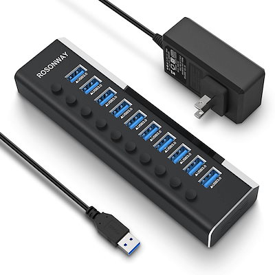 他サイト： USB3.0ハブ 電源付き ROSONWAY 10ポート USBハブ アルミ製で アップ 5Gbps高速転送 セルフパワー USB拡張 独立スイッチ付 12V/3A ACアダプタ付き(RSH-A10)の商品画像