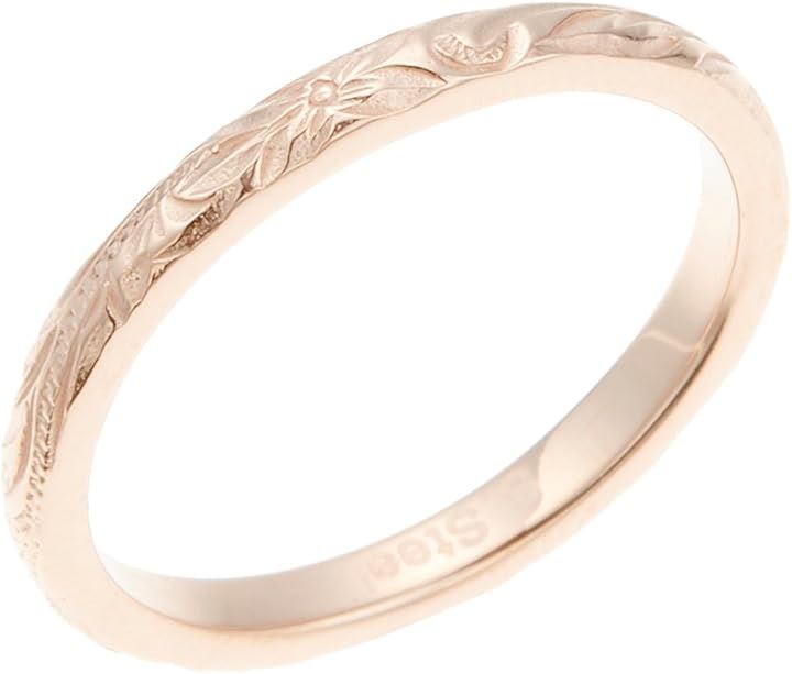 ハワイアンジュエリー スクロール 細身 サージカルステンレス製 金属アレルギー対応 ピンクゴールド プルメリア ユニセックスピンキーリング レディース メンズ 13号