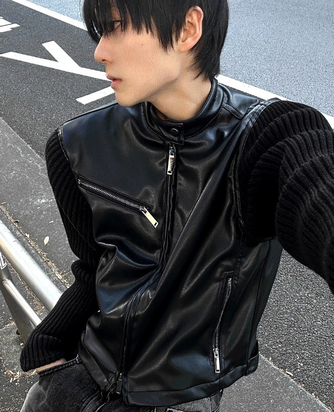 [COSYHARU公式]Deep black knit suede jacket [Deep black]