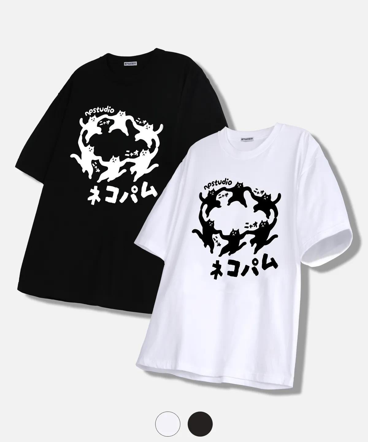 ダンシング ネコ サークル オーバーフィット 男女共用 カップル 半袖 Tシャツ 2Color 韓国の人気ファッションブランド