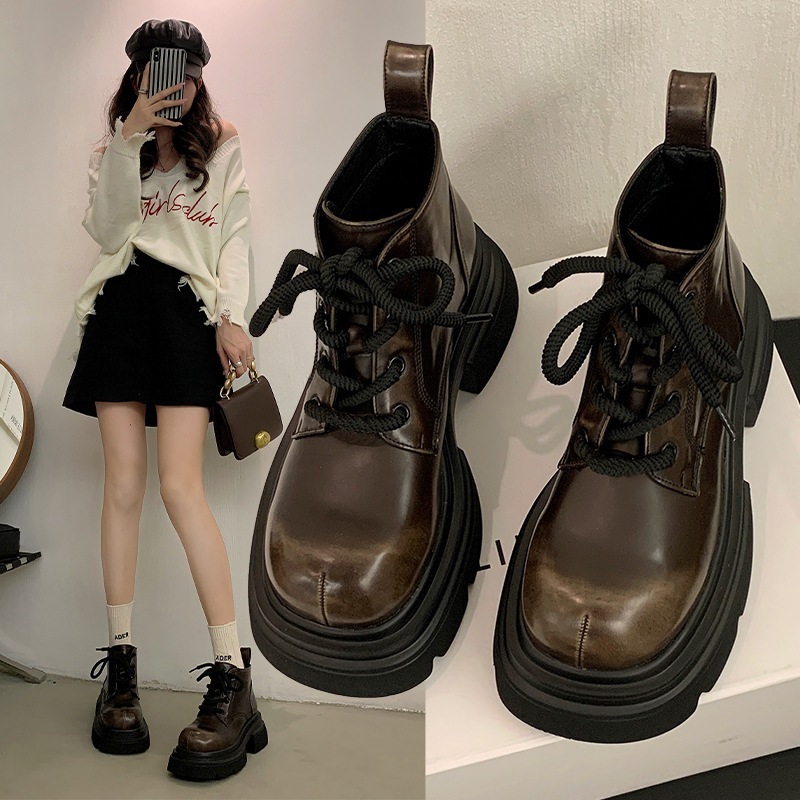 レトロ革靴騎士ブーツチェルシーブーツ スタイルアップヒールパンプス レディース韓国版23の英国風 ショートブーツ 厚底シューズ