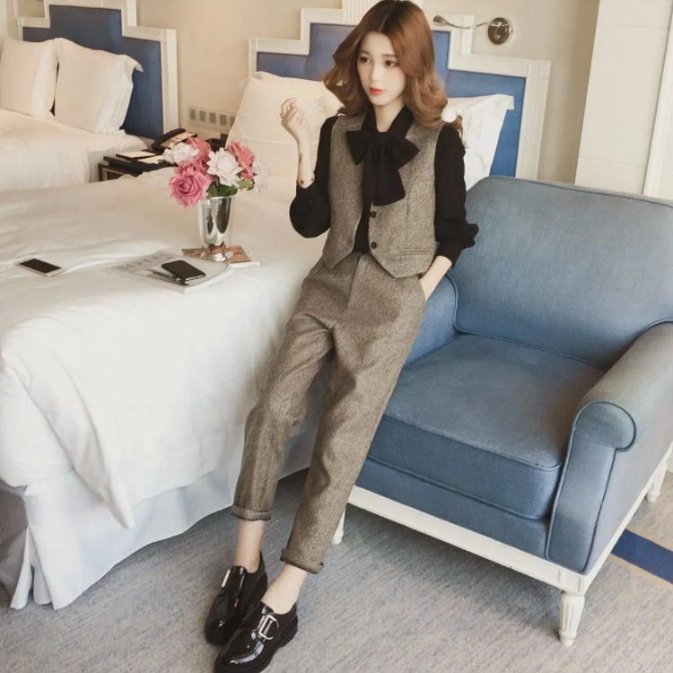 パンツスーツ上下セットレディースボウタイブラウス長袖テーパードパンツ3点セット無地春フロントボタンカジュアルベスト秋前開き