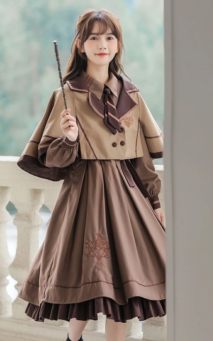 ロリータ服 レディース ロリータ ポンチョ ワンピース 2点セット 【ワンピース+マント】 女子 中高生 クラシック ロリータ風ワンピ Lolita きれいめ 長袖 可愛い 学院風 普段着 卒業式 お