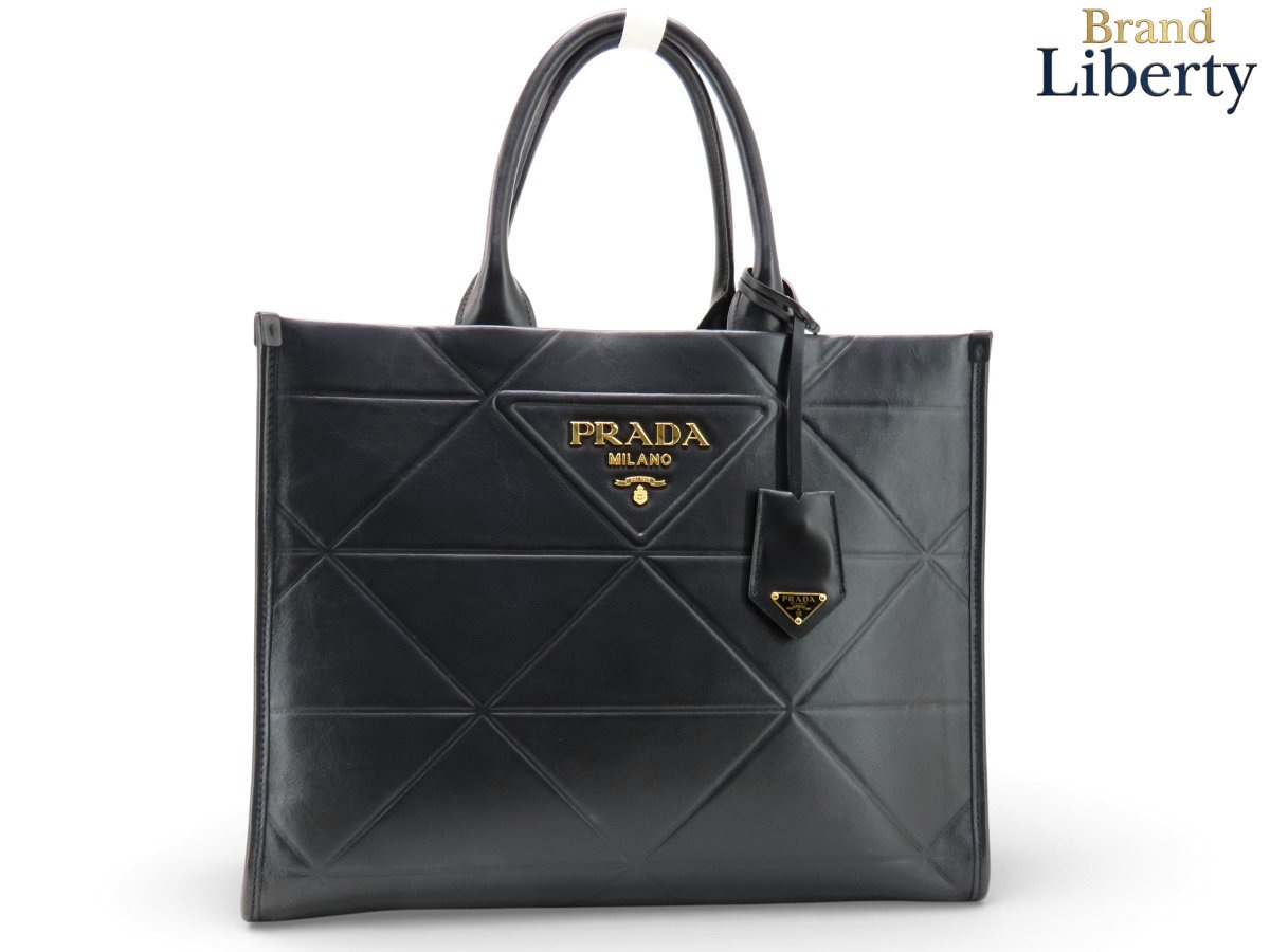 美品プラダPRADAシンボルトップステッチレザーミディアムトートバッグハンドバッグビジネスバッグブラックレザー1BA378