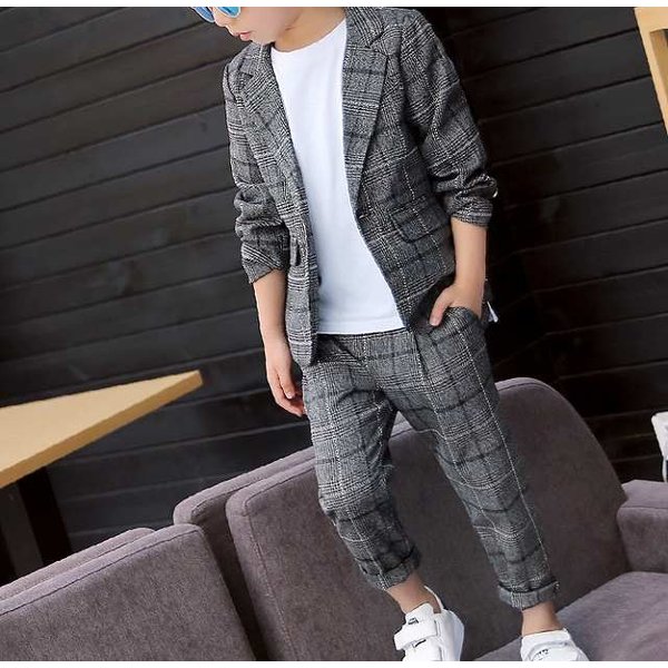 子供服 スーツ セットアップ フォーマル ジャケット ロング パンツ 2点セット チェック グレー 男の子 100cm-160cm 発表会 結婚式 入園入学 卒園卒業 送料無料その他