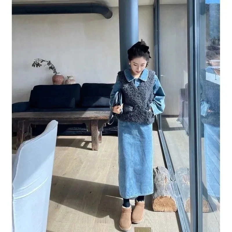 人気の新作長袖 レディース 着痩せ韓国風 きれいめおしゃれ 春秋 水陸両用デニムシャツワンピース 大きいサイズラッシュガード