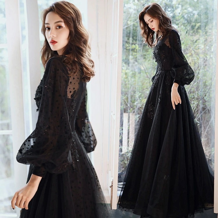 [高品質]イブニングドレス ロングドレス 黒 パフスリーブ 長袖 発表会ドレス ブラック キラキラ スパンコール 花柄 ビーズ キレイめ パーティードレス Aライン 演奏会ドレス コンサート コンクー
