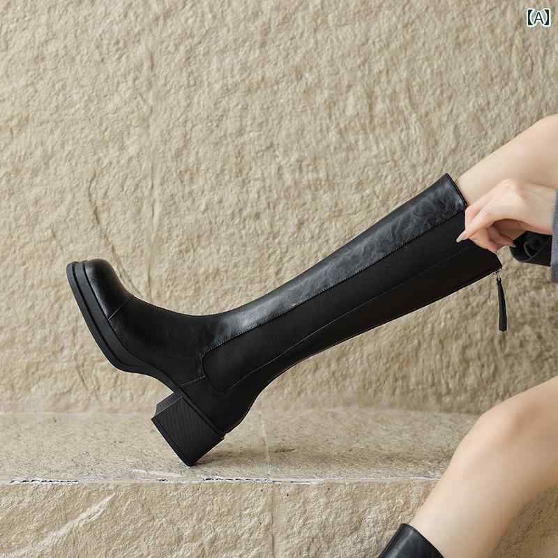 ロングブーツ レディース タイトフィット シンプル おしゃれ スタイルアップ 女性用 ヒール 厚底 ナイト ブーツ 厚底 ヒール スクエアトゥ レトロ ブーツ 女性用 弾性 ハイ ブーツ