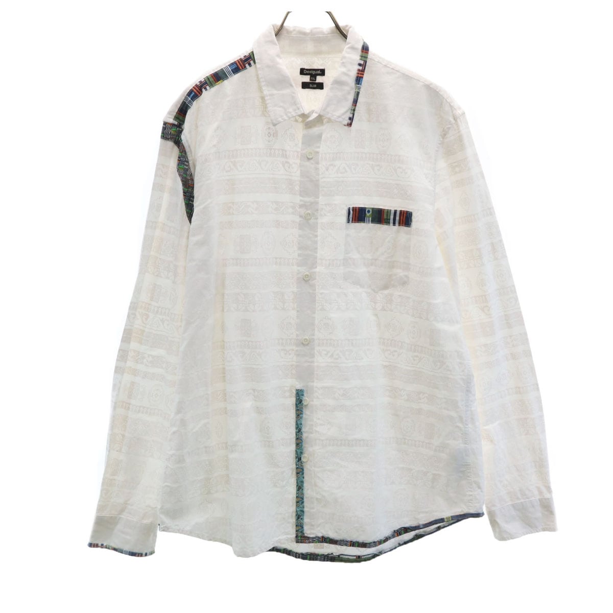 総柄 長袖 コットンシャツ XXL ホワイト メンズ 古着