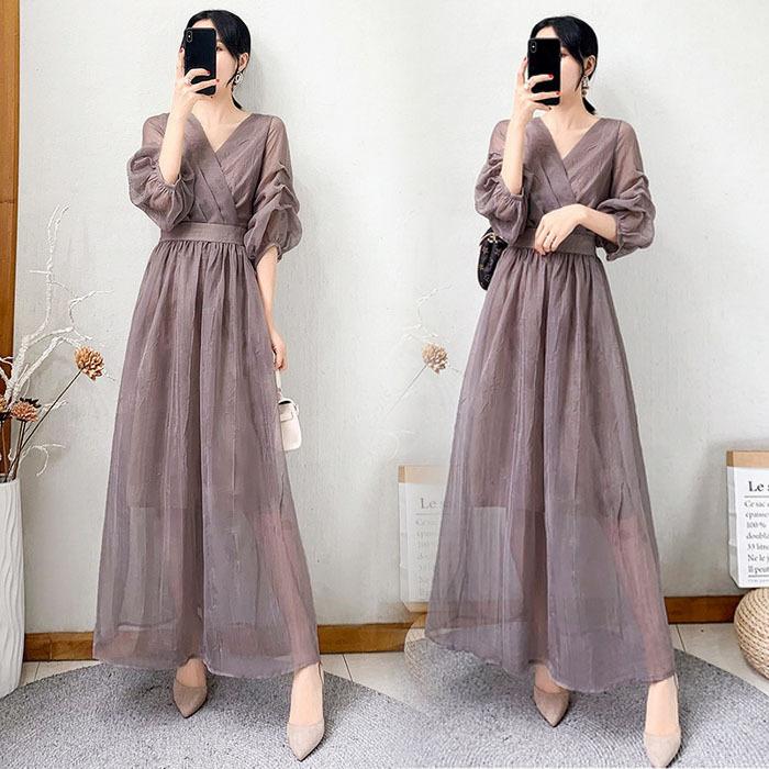 ワンピース レディース 春夏 キレイめマキシ丈ワンピース 半袖ワンピース シフォン ロングスカートAライン 無地 ゆったり オシャレ結婚式 通勤 30代50代