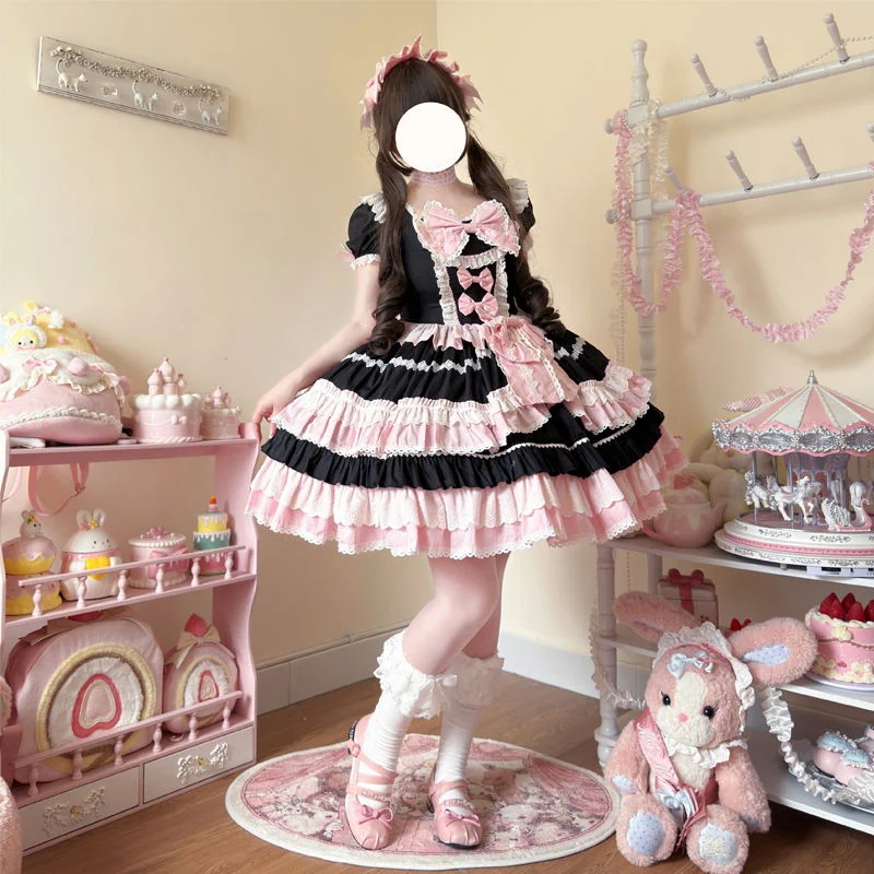 ロリータドレス 半袖 ワンピース レディース 舞台衣装 ハロウィン コスプレ衣装 リボン付き フリル ふわふわ ブラック オペラ コスチューム 演出服 ロリータ イベント お嬢様 お茶会 文化祭 萌
