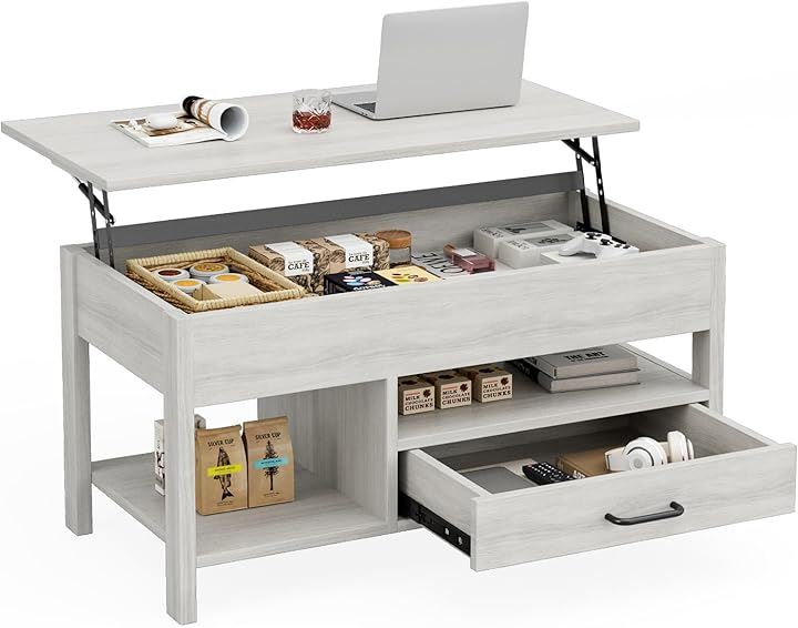 ローテーブル 昇降式 木製 コーヒーテーブル 引き出し付き 収納付き センターテーブル 大容量収納リビングテーブル 高さ調整リフティングテーブル(グレー, 幅90x奥行45)