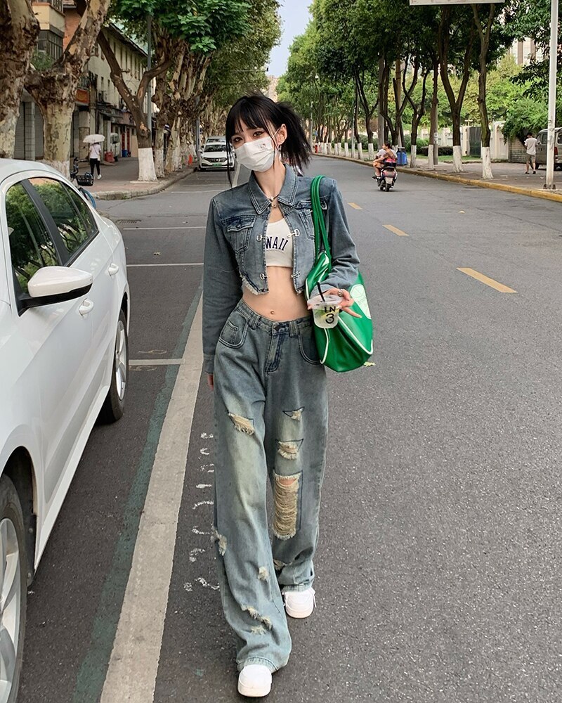 セットアップ デニム ボトムス ジャケット レディース Gジャン 上着 ワイドパンツ デニムパンツ 短丈シャツ 袖あり 長袖 襟付き 前開き 切れ込み ブルーデニム 甘辛MIX 上下セット