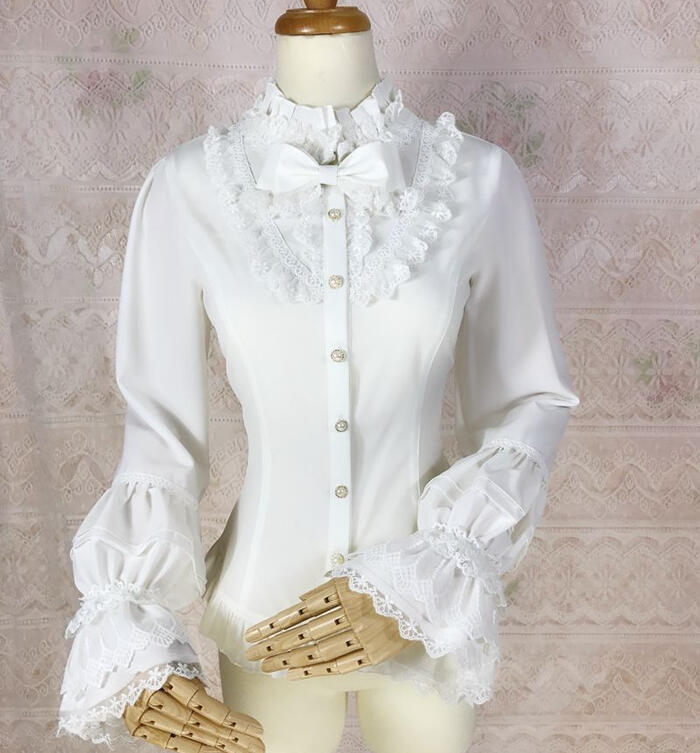 【急速出荷】ブラウス ゴスロリ Lolita レディース シフォン トップス 立て襟 ビジョップスリーブ長袖 フリル ホワイト クリスマス コスプレ ハロウィン 洋服 レトロ 優雅 上品