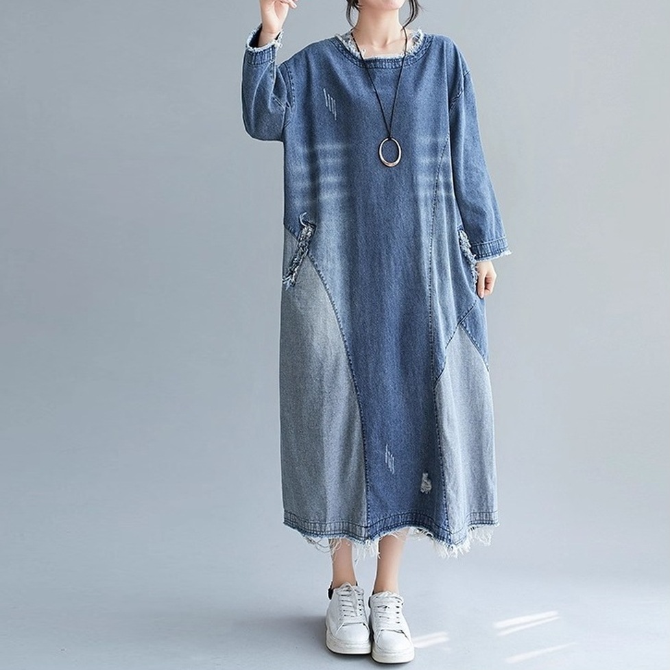 ワンピース デニムワンピース ロングワンピース 配色デニムワンピース ラウンドネック 長袖 ロング丈 アシンメトリー オーバーサイズ デニムドレス ダメージ レディース かわいい 大人可愛い おしゃれ