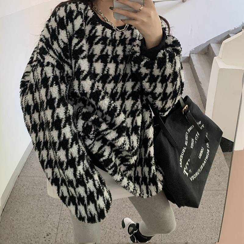 千鳥柄 カットソー プルオーバー レディース トップス プルオーバー フェイクファー 長袖 ボリューム袖 クルーネック ニット サマーニット きれいめ 上品 レトロ 女子 こなれ感 キュート ガーリー