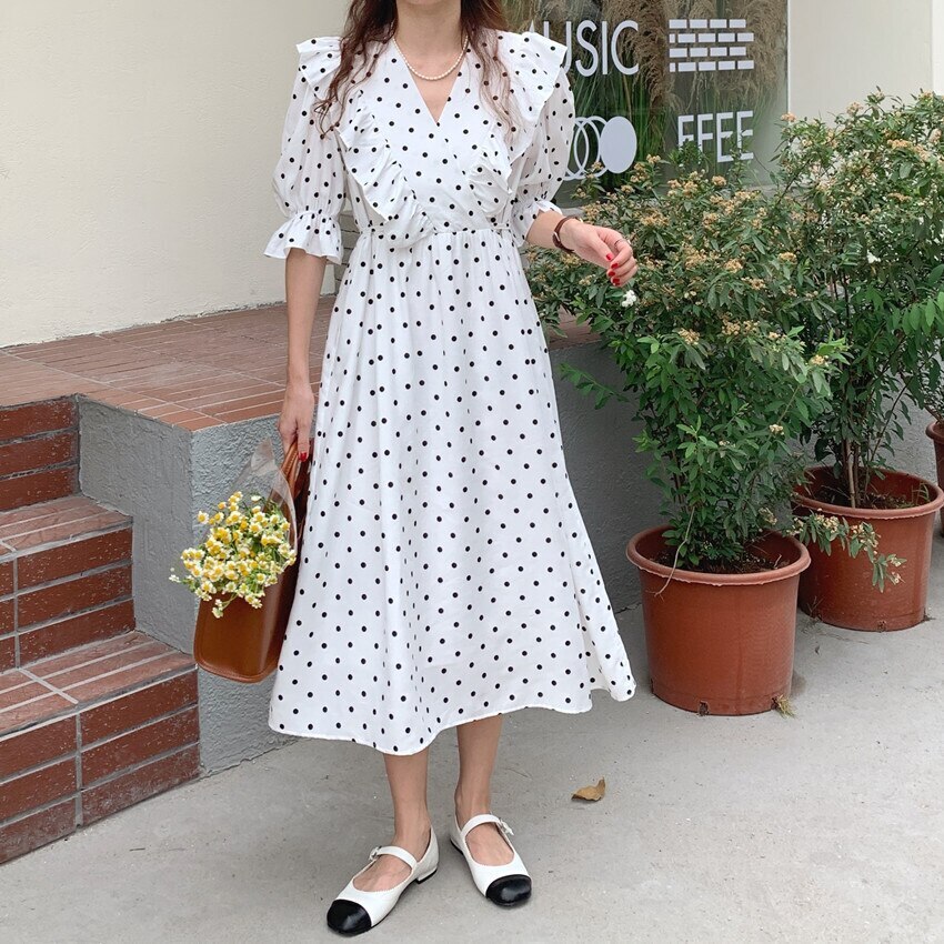 2color ワンピース ロングワンピース ロング ロング丈 膝下 フリル キャンディースリーブ V