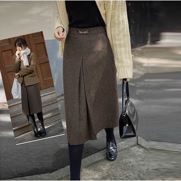 数量限定品秋冬用ボックススカート　トラディショナル　ひざ下丈　ビジネススカート　ブラウン系　-2411-6