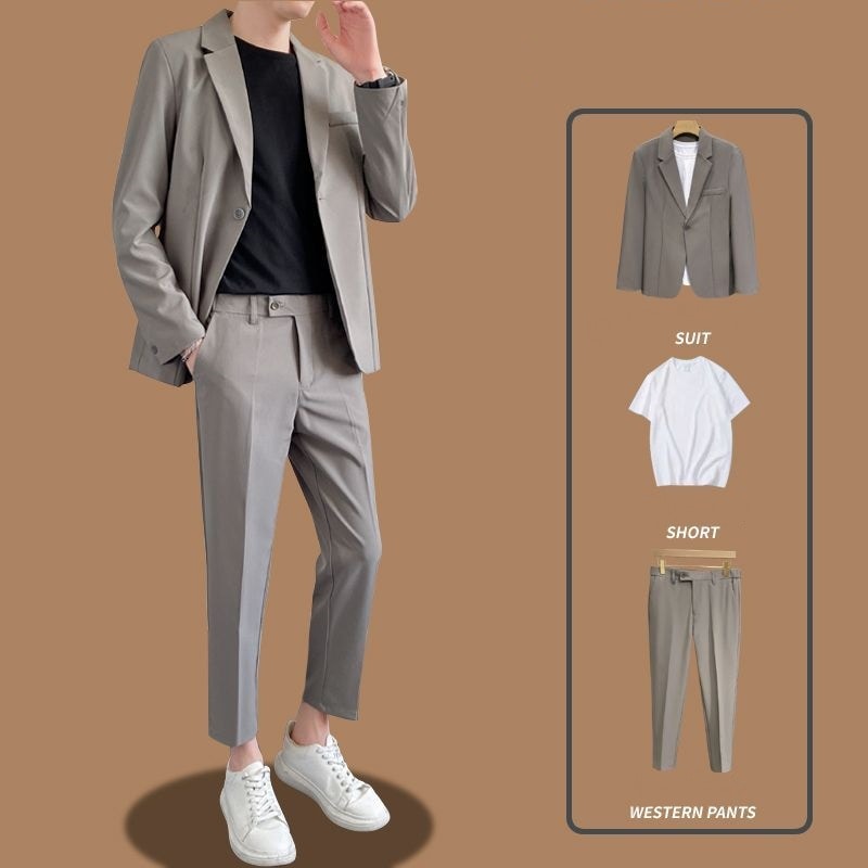 4色 涼しく楽ちんセットアップ メンズ ブレザー+半袖Tシャツ+スラックス カジュアル 軽熟風3点セット