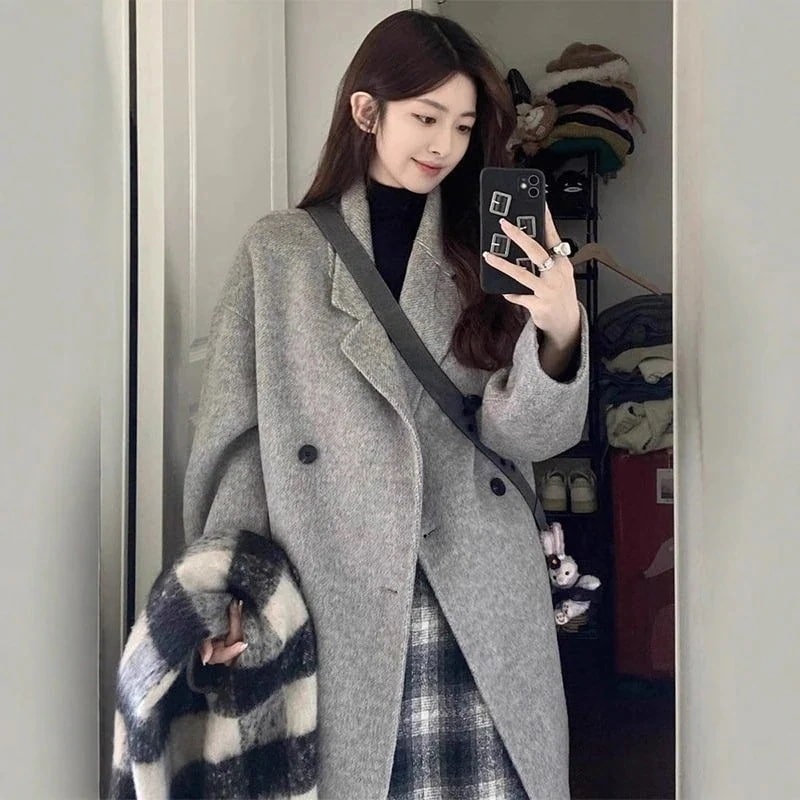 グレーの韓国風 petite size 毛羽地アウター 女性 新作 メンズ 中丈厚手コート