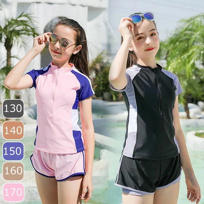 川 ガールズ 動きやすい 半袖 水着 ラッシュガード キッズ 水遊び レディース 海 ジュニア水着 【7月の新作特典】フィットネス水着 かわ プール ショーツ 2点セット おしゃれ セパレート 女の子