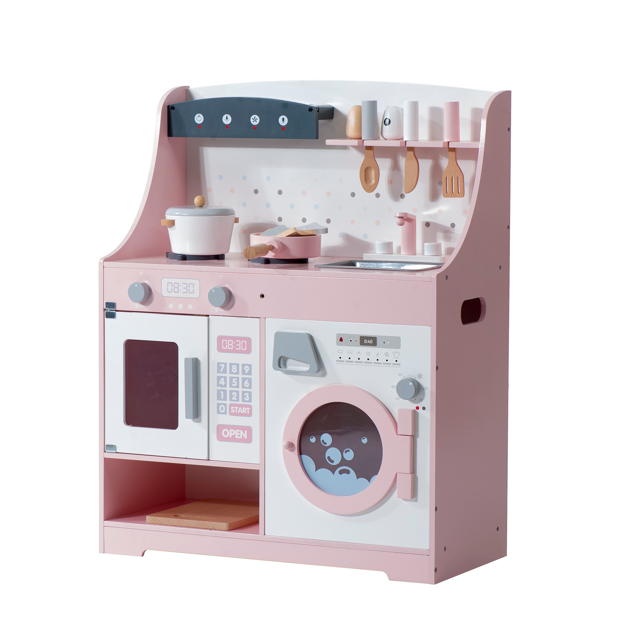 【日本国内出荷-3日で配達】かわいいおままごとキッチン 木製知育玩具 誕生日 台所 洗濯機 調理器具付 食材 コンロ ミニキッチン 子供のおもちゃキッチン 子供の日の誕生日プレゼントDJYC10