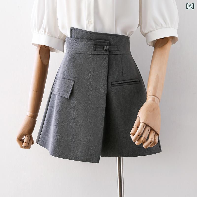 レディース パンツ ショート キュロット 黒 グレー スカート風 Aライン 春夏秋 韓国風 チャイナ風ボタン ハイウエスト ワイドレッグ フレア レトロ ウエスト斜めデザイン デザインポケット モダン 4,675円