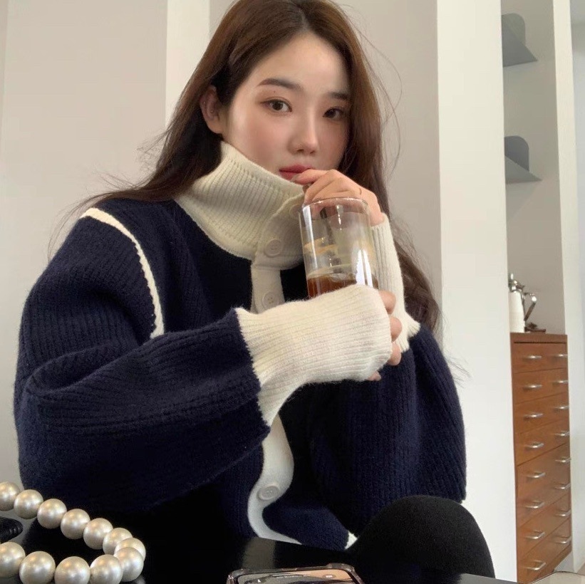 バイカラーハイネックカーディガン ハイネック カーディガン バイカラー 黒 ブラック バイカラー 白 ホワイト 韓国 オルチャン レディース オーバーサイズカーディガン オーバーサイズ ハイネック