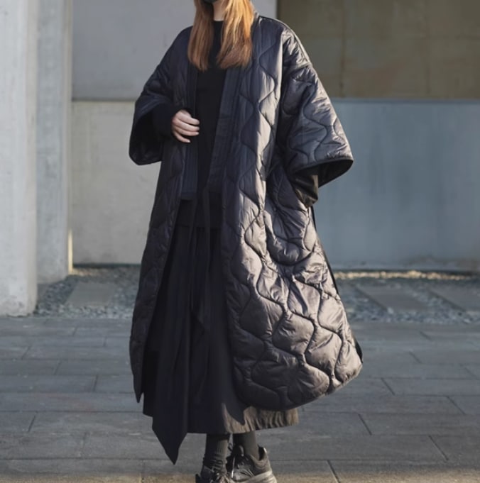 レディース 前開き レトロコート ロングコート 7分袖 フレアスリーブ Vネック ワイド Aライン 中厚手 大人可愛い シンプル カジュアル おしゃれ かっこいい レトロ ラフ 個性的 モード系