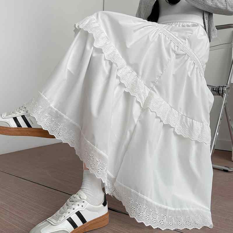 ティアードスカート ロング レディース ボトムス ガーリー マキシスカート ハイウエスト スリム Aライン バレエ レース 春夏 ホワイト