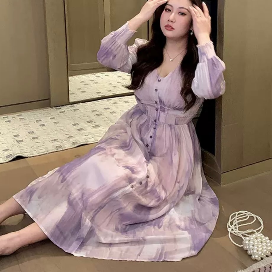 ワンピース ロング フレアスカート 透け感 シースルー ふんわり ふわふわ フレア ワンピドレス ロング丈 マキシ 9分丈 アンクル丈 長袖 Vネック ボリューム Aライン チュール ウエストマーク