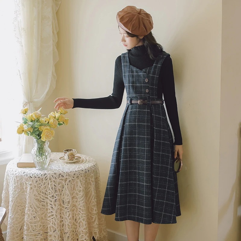 ウール長袖サスペンダードレスレディース年秋冬新作フレンチセータースーツスカート冬スカート 母の日のプレゼント