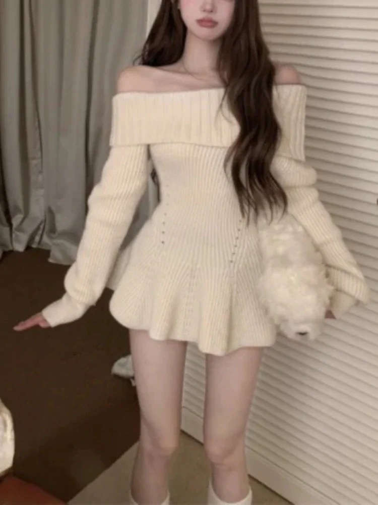 女性用フリルセーター,裸の肩,スリム,ストレッチ,エレガントなニットトップ,女性用,甘い,秋,冬,2024