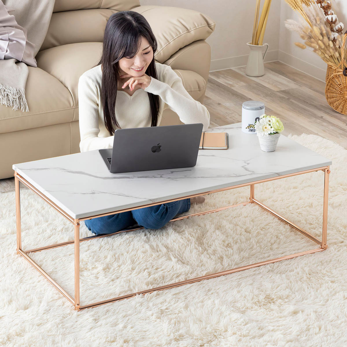リビングテーブル 幅100cm センターテーブル ローテーブル テーブル 大理石柄 長方形 ピンクゴールド メッキ 脚 フェミニン エレガント 高級感