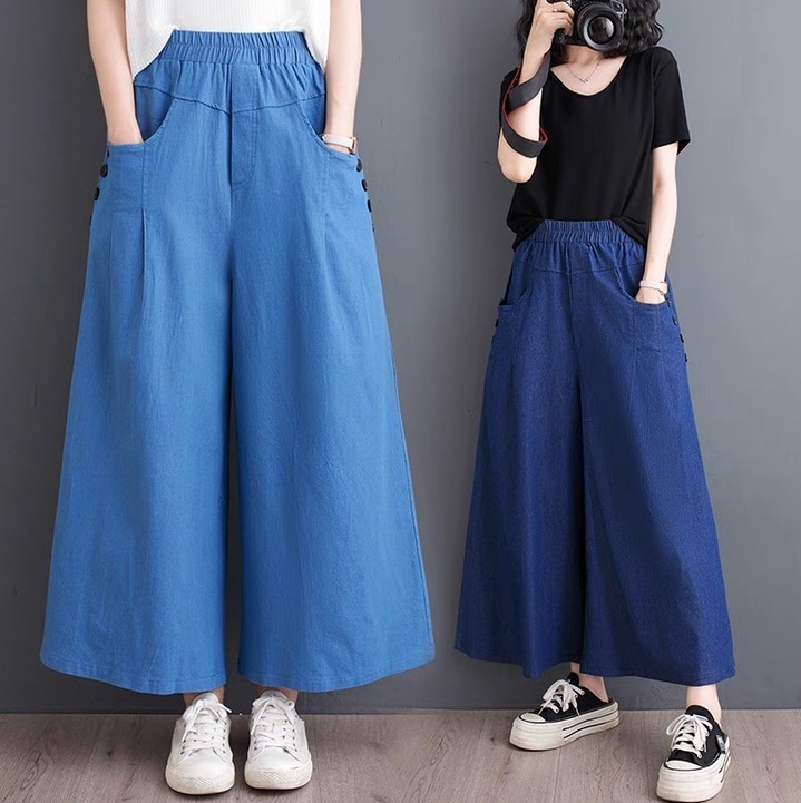 レディース パンツ ボトムス ロングパンツ ワイドパンツ デニムパンツ フレア 裾ワイド フェミニン ストリート ハイウエスト ウエストゴム アメカジ ブルーデニム 薄手 きれいめ シンプル