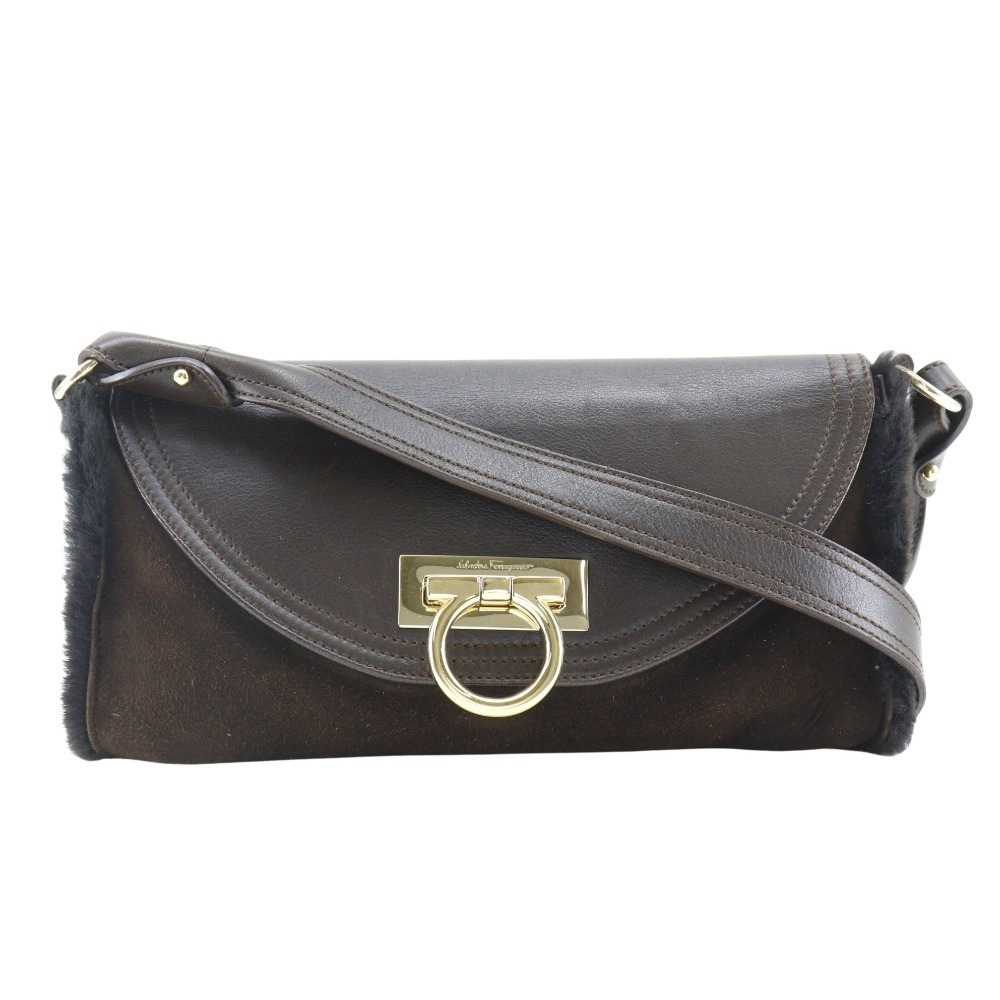 Salvatore Ferragamo サルヴァトーレフェラガモ ガンチーニ ワンショルダー EZ-21 4887 ショルダーバッグ ムートン 茶 レディース 中古品