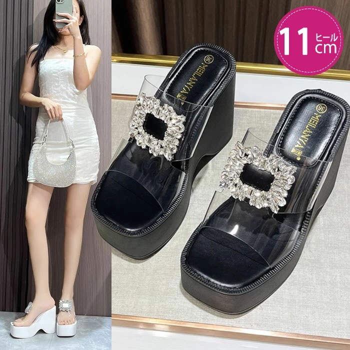 大人 キラキラ バックル ウェッジソール サンダル厚底 11cmヒール 透明 レディース 痛くない クリアサンダル チャンキーヒール リゾート 美脚 カジュアル ミュール ウエッジヒール 身長アッ 5,134円