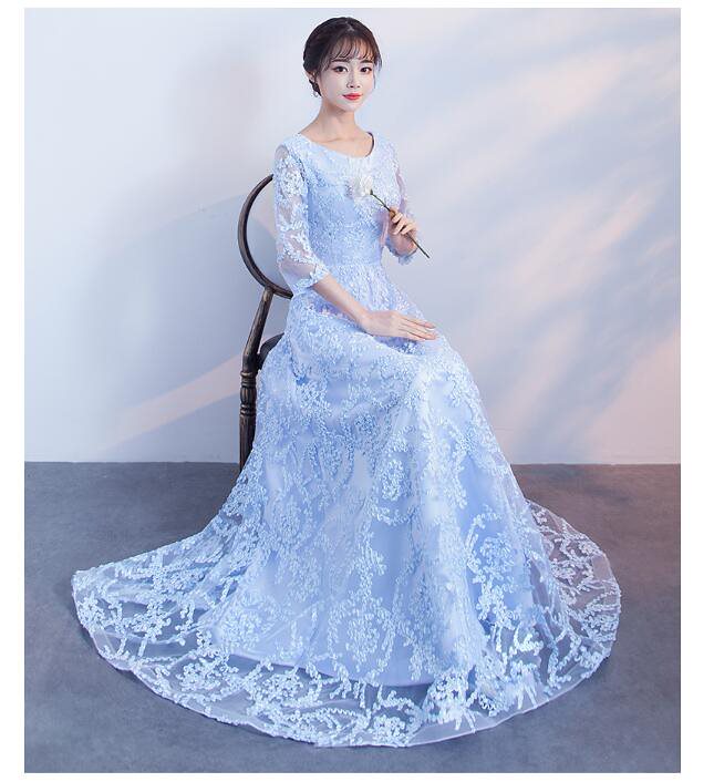 ブルー&袖あり マキシワンピース ロングドレス ウェディングドレス エンパイア ピアノドレス 二次会