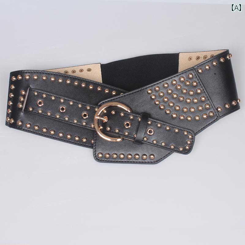 ベルト レディース 太 ウエストマーク おしゃれ パンク メタル スタッズ 伸縮性 ワイド バンド 秋冬 コート スカート ブラック レッド ブラウン